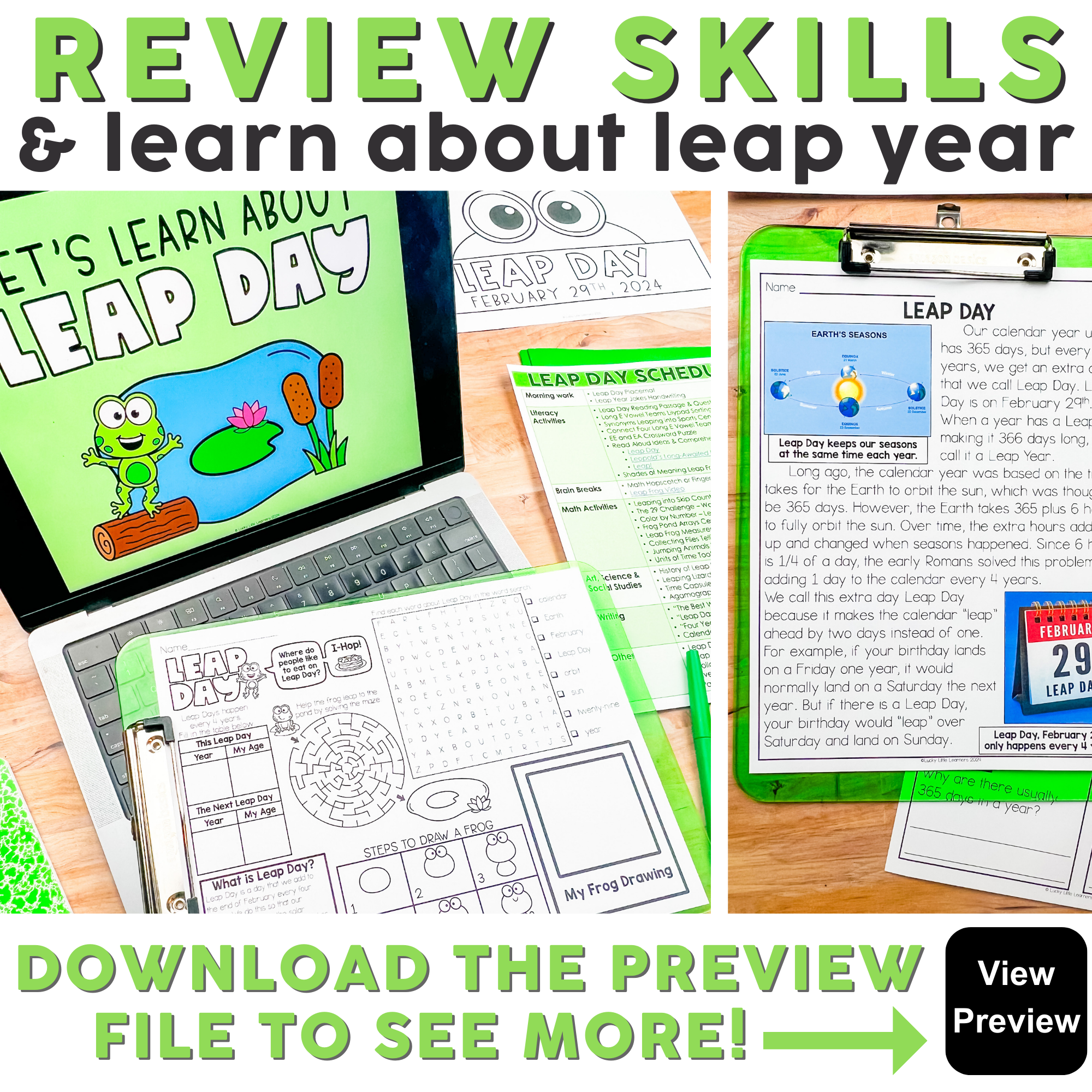 LEAP DAY activities for kids, including fun worksheets, calendar templates, and educational resources to learn about leap year and improve review skills. Perfect for classroom and homeschool learning.