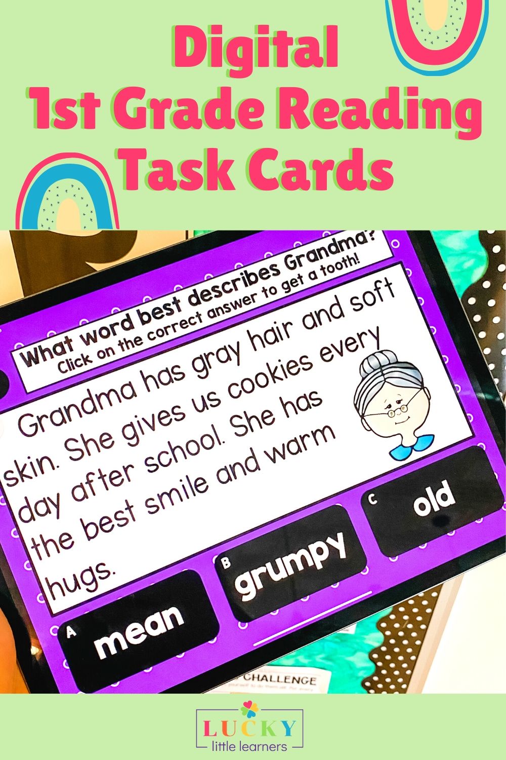Grandma's description of her skin, hair, and smile on digital 1st grade reading task cards, featuring fun, educational content for early learners, with keywords like reading, digital, 1st grade, task.