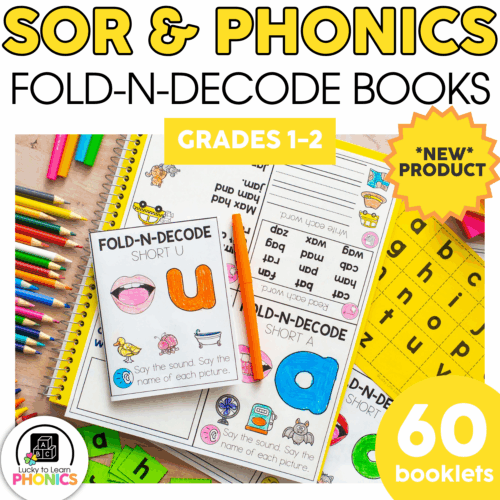 Colorful educational Fold-N-Decode Booklets for grades 1-2, featuring phonics and letter recognition activities, perfect for early learners to develop reading skills.