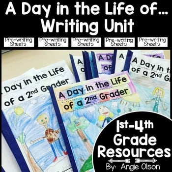 A Day in the Life of a 2nd Grade Writing Unit, featuring colorful student worksheets and engaging activities to enhance writing skills for elementary students.