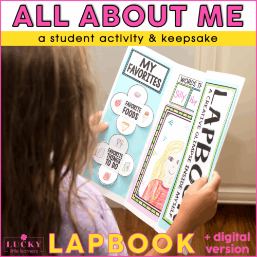 An engaging student activity and keepsake for "All About Me" lapbook, featuring colorful sections for favorites, words, and self-portraits, ideal for early learners and classroom use.