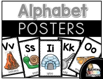 An educational alphabet poster featuring manuscript letters with colorful illustrations of a volcano, snail, igloo, key, and orange, designed for early learners and classroom decoration.