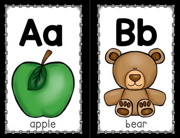 An image of alphabet posters featuring manuscript style letters Aa and Bb with corresponding illustrations of an apple and a bear, designed for early literacy learning.