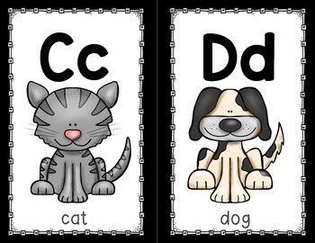 Cute cartoon cat and dog alphabet posters in manuscript style, perfect for early learning, literacy, and classroom decor, featuring colorful illustrations of animals and letters.