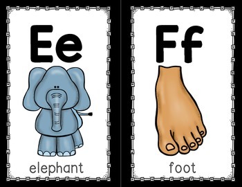 Elephant and foot alphabet posters for kids, featuring manuscript style letters, perfect for early learning, classroom decor, and educational activities.