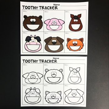 A colorful animal-themed Toothy® Mats Tooth Tracker chart featuring cartoon animal faces to track dental skills, ideal for early childhood education and dental hygiene practice.