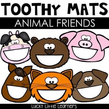 Cute animal-themed Toothy® Mats featuring a cow, bear, pig, cat, and dog, perfect for early childhood learning, sensory play, and developing fine motor skills. Bright, engaging, and educational.