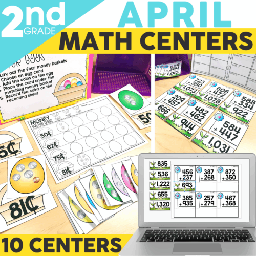 Engaging April math centers and activities for 2nd grade students, featuring printable worksheets, interactive games, and digital resources to enhance learning and math skills.
