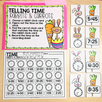 A colorful educational worksheet featuring telling time activities with rabbits and carrots, designed for 2nd grade math centers, focusing on reading clocks and understanding time.