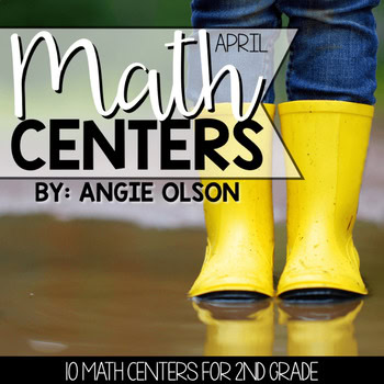 A colorful image of a child wearing bright yellow rain boots standing on a wet surface, with a sign that reads "April Math Centers" by Angie Olson, promoting engaging math activities for 2nd grade.