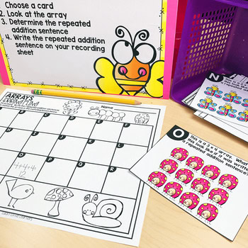 Choose a card, worksheet with a bee illustration, and a purple storage basket for math centers and activities for 2nd grade, focusing on April math skills and engaging learning tools.