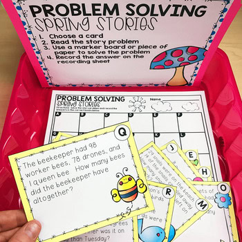 Solve the problem solving story cards for 2nd grade math centers, featuring fun bee and ladybug characters, perfect for April math activities and engaging young learners in problem solving.