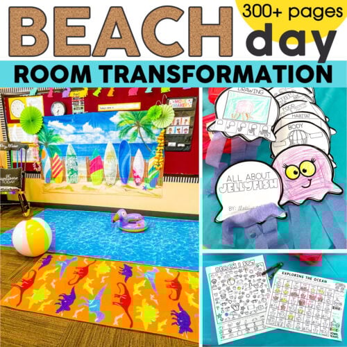 A colorful beach classroom transformation with ocean-themed decor, activities, and learning materials designed to engage students in a fun, educational seaside environment.