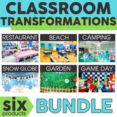 A detailed classroom transformation setup featuring themed areas such as restaurant, beach, camping, snow globe, garden, and game day, designed for engaging and educational early childhood learning e.