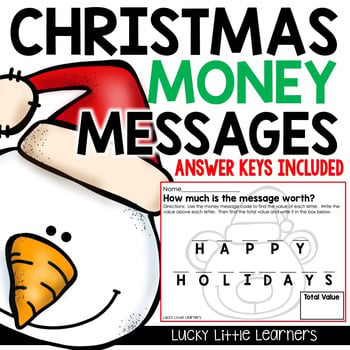 A snowman with a carrot nose and a red scarf, featuring the text "Christmas Money Messages" and "Answer Keys Included" for holiday-themed money message activities and Christmas learning resources.