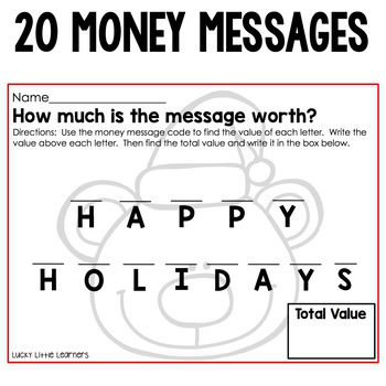 A colorful educational worksheet titled "20 Money Messages" featuring a Christmas theme, with spaces for writing amounts and calculating total value, designed for holiday money messages and activitie.