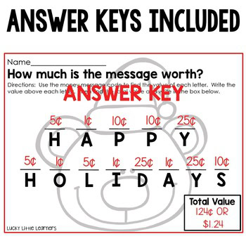 A cheerful Christmas-themed image featuring a message with answer keys for a holiday activity, including a colorful "Happy Holidays" message and a total value of $1.24, designed for kids' learning.