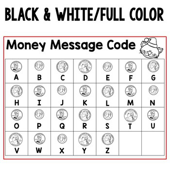 A colorful chart displaying black and white/full color Christmas money message codes with coin illustrations for each letter, designed for holiday-themed educational activities and Christmas messages.