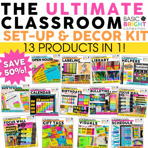 Bright classroom decor bundle with calendar, bulletin boards, labels, and learning resources for early education. Perfect for creating an engaging, organized learning environment.