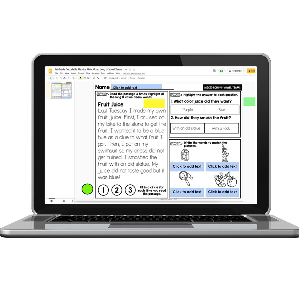 Digital 1st Grade Decodable Phonics Passage - Mixed Long U - Vowel ...