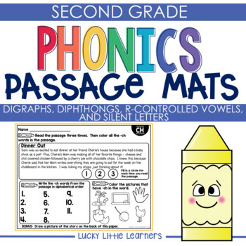 A colorful educational worksheet for second grade students focusing on phonics, including digraphs, diphthongs, silent letters, and R-controlled vowels, designed to enhance reading skills.