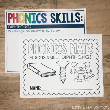 A colorful phonics skills poster focusing on diphthongs, with a black-and-white phonics mats activity for 2nd grade students to practice diphthongs like oo, au, aw, ei, oi, oy, ou, and ow.