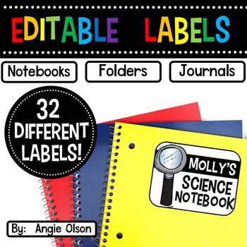 Editable classroom labels set featuring notebooks, folders, and journals in bright and basic color collections, including 32 different customizable labels for teachers and students.