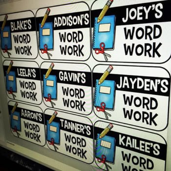 Editable classroom labels featuring student names and "Word Work" titles, perfect for teacher supply binders, notebooks, and classroom organization, in basic and bright collection styles.
