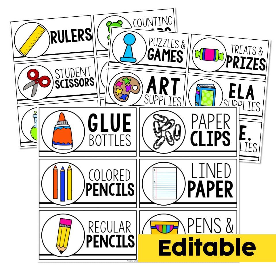 Editable Classroom Supply Labels - Color Version - Lucky Little Learners