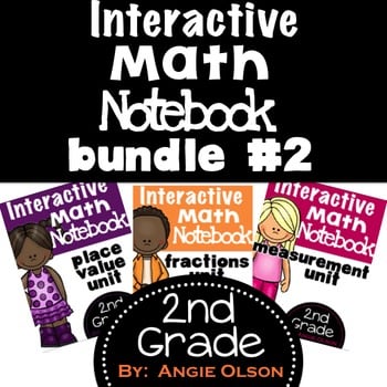 A colorful cover page for a second grade math notebook bundle featuring interactive activities on fractions, measurement, and place value, designed for engaging math practice.