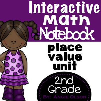 Interactive Math Notebook cover for second grade, focusing on place value, fractions, and measurement, featuring a young girl with pigtails, purple polka-dot dress, and educational content for math l.