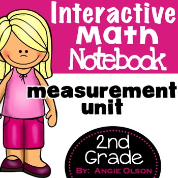 Interactive Math Notebook cover for second grade measurement unit, featuring a cartoon girl with blonde hair, pink outfit, and bold text about fractions, measurement, and place value for 2nd grade st.