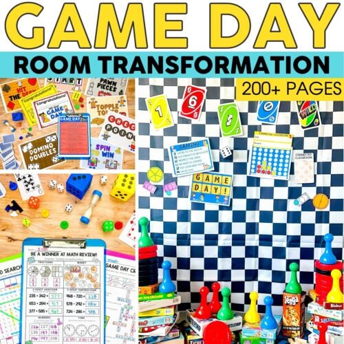 A colorful classroom transformation with a snow globe theme, featuring game day decor, educational activities, and over 200 pages of engaging learning resources for students.