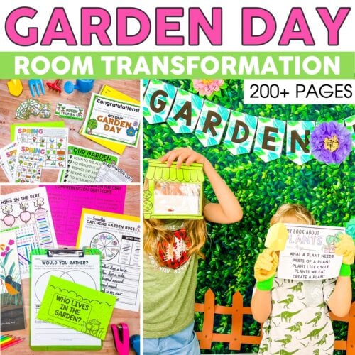 A colorful classroom transformation with a garden theme, featuring students engaging with garden-themed activities, decorations, and educational materials for a garden day lesson.