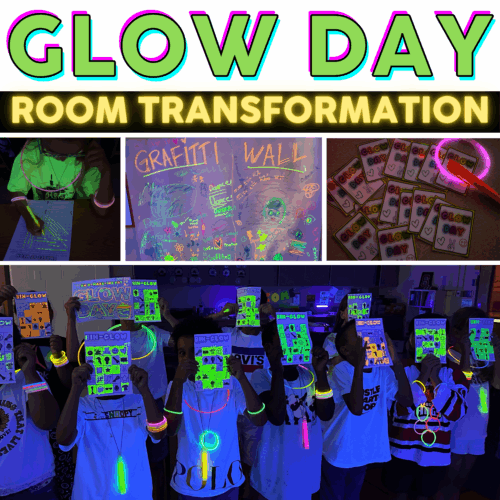 Classroom transformation with glow-in-the-dark decor, students holding illuminated projects, and vibrant neon artwork for Glow Day celebration in a lively learning environment.