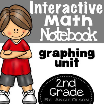 Interactive math notebook cover for second grade graphing unit, featuring a cartoon girl with brown hair in a red shirt and black shorts, designed for engaging math lessons and activities.