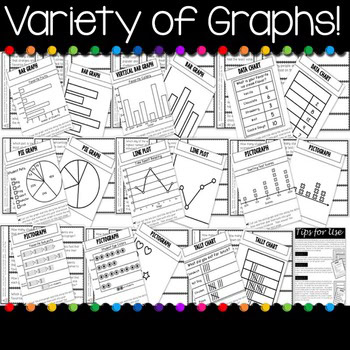 A colorful collection of second grade math graphing notebooks featuring bar graphs, line plots, pie charts, and data analysis activities designed to enhance young students' understanding of graphing.