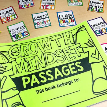 A colorful educational poster featuring growth mindset passages for students, with motivational quotes like "I can solve problems" and "I believe in myself," designed to promote positive thinking and.