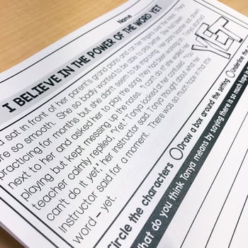 A detailed educational worksheet page focusing on growth mindset passages, designed to encourage positive thinking and resilience in students, with clear, engaging text and illustrations.
