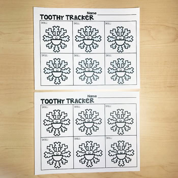 A colorful Toothy Tracker chart featuring snowflake designs to help children monitor their dental hygiene skills, perfect for holiday-themed dental health activities and learning.