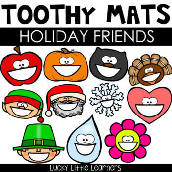 A colorful collection of holiday-themed Toothy® Mats featuring smiling fruits, characters, and festive icons like Santa, snowflake, and elf, designed to promote dental health and fun.