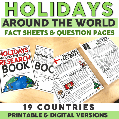 Holidays around the world fact sheets and question pages for educational use, featuring research books and printable digital versions, ideal for teaching about 19 countries and holiday traditions.