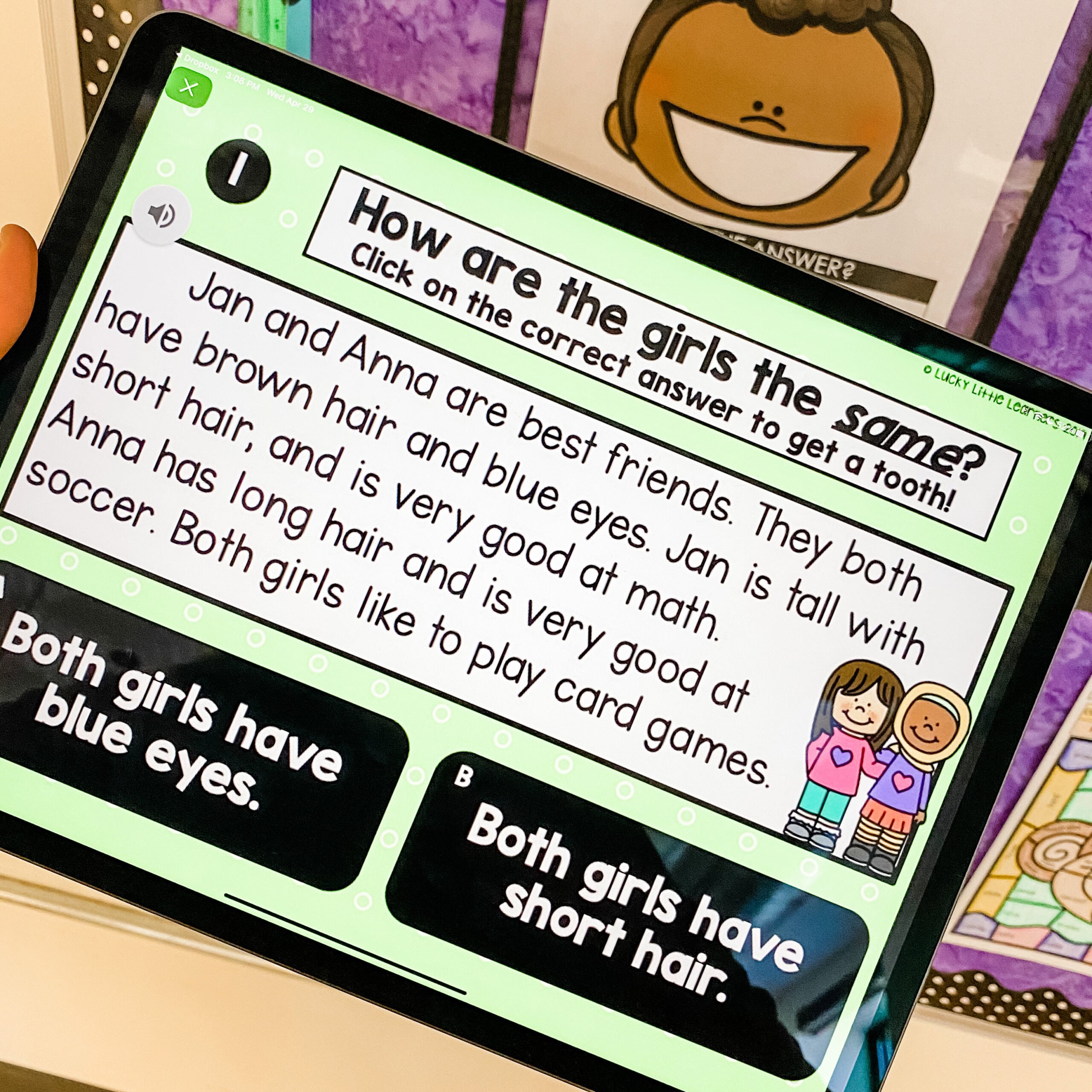 Cute digital reading activity for 1st grade students featuring questions about girls' hair and eye color, with colorful illustrations and interactive answer choices for engaging learning.
