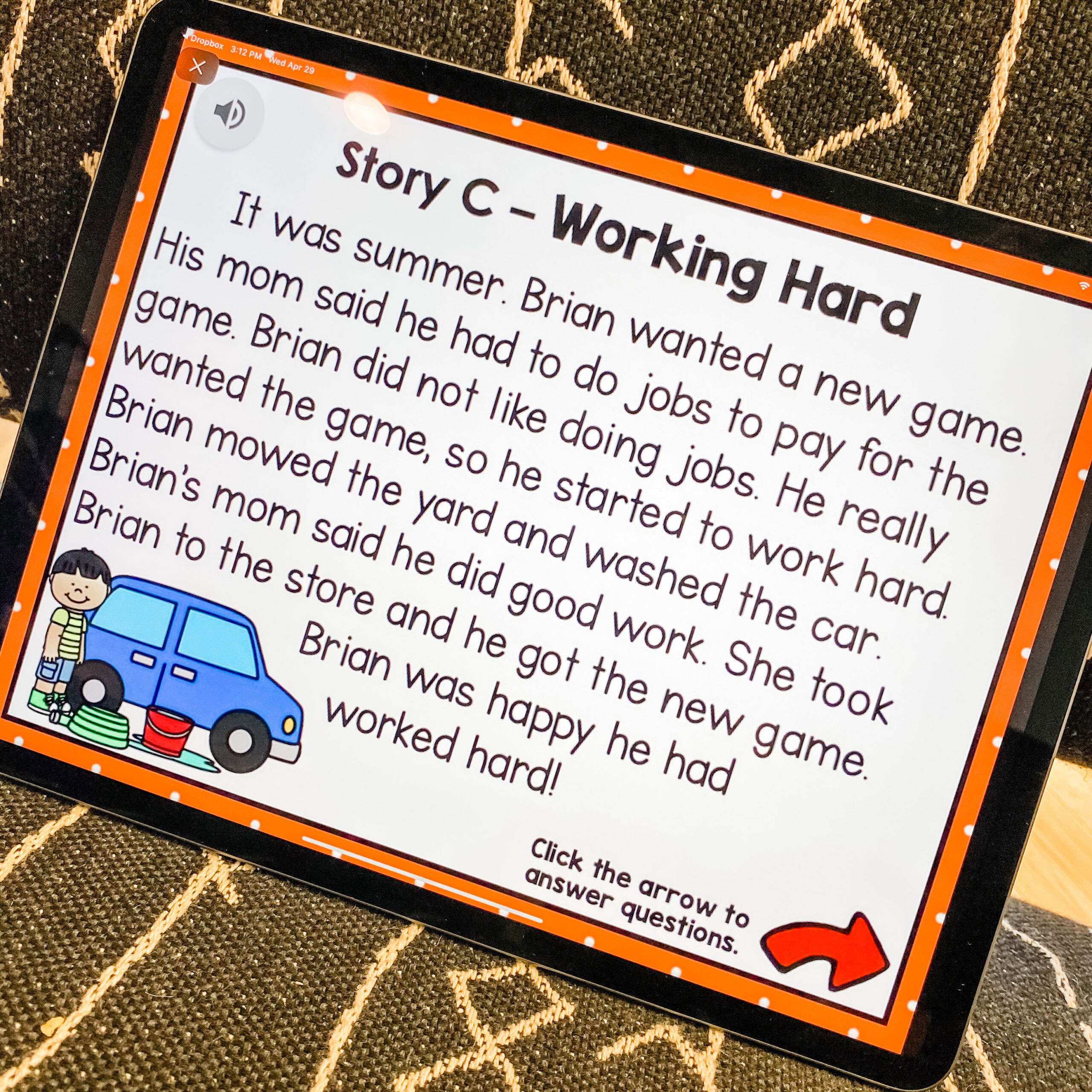 Digital reading activity for 1st grade students featuring a story about Brian working hard, with colorful illustrations of a blue car and a red arrow, designed for engaging early readers.