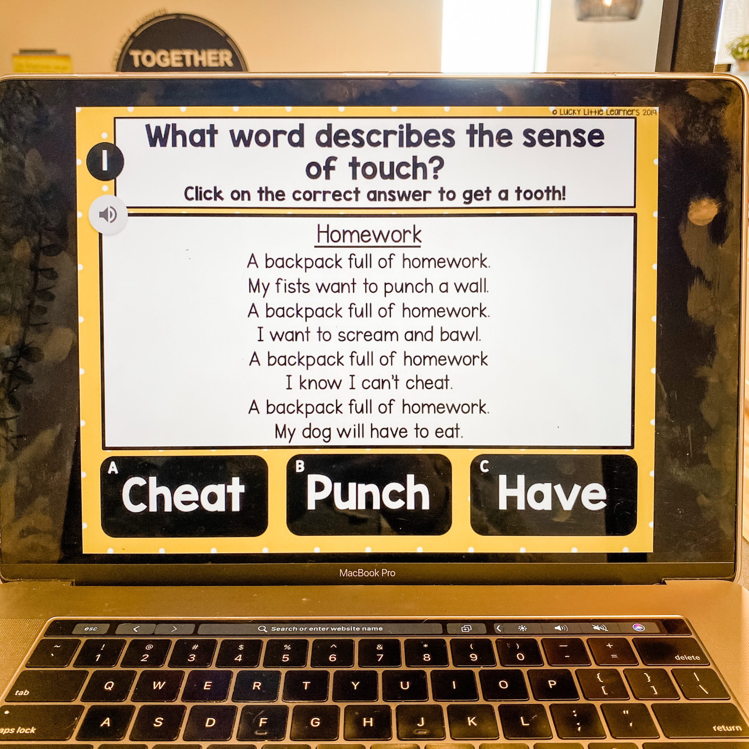 A backpack full of homework and a question about the sense of touch, with options to cheat, punch, or have, related to 1st grade digital reading resources for early learners.