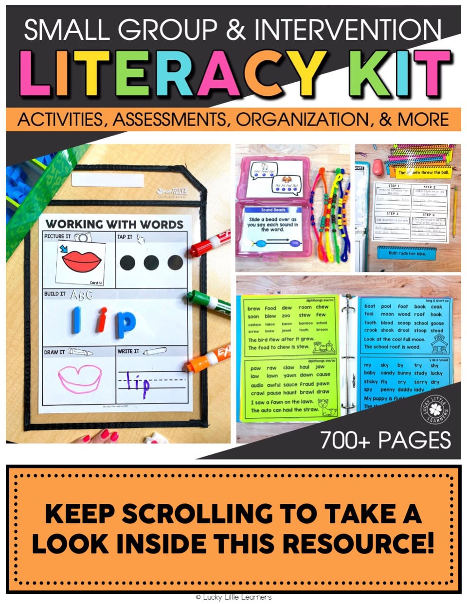 A detailed literacy intervention and small group kit for early learners, featuring activities, assessments, and organization tools to support reading development and phonics skills.