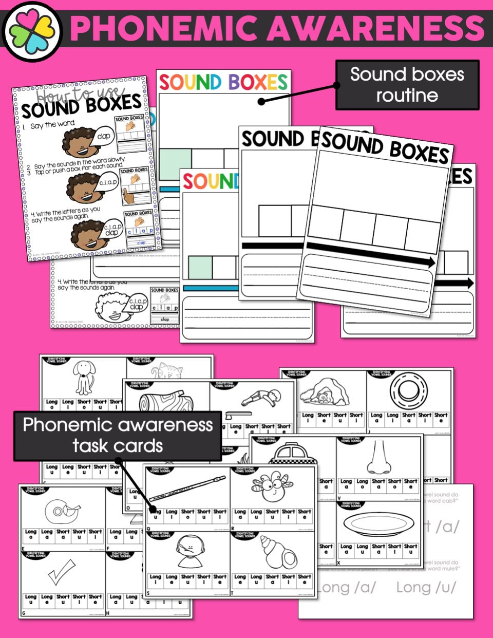 An SEO-friendly ALT tag: Phonemic awareness sound boxes and task cards for early literacy development, featuring colorful visuals and engaging activities for small group instruction.