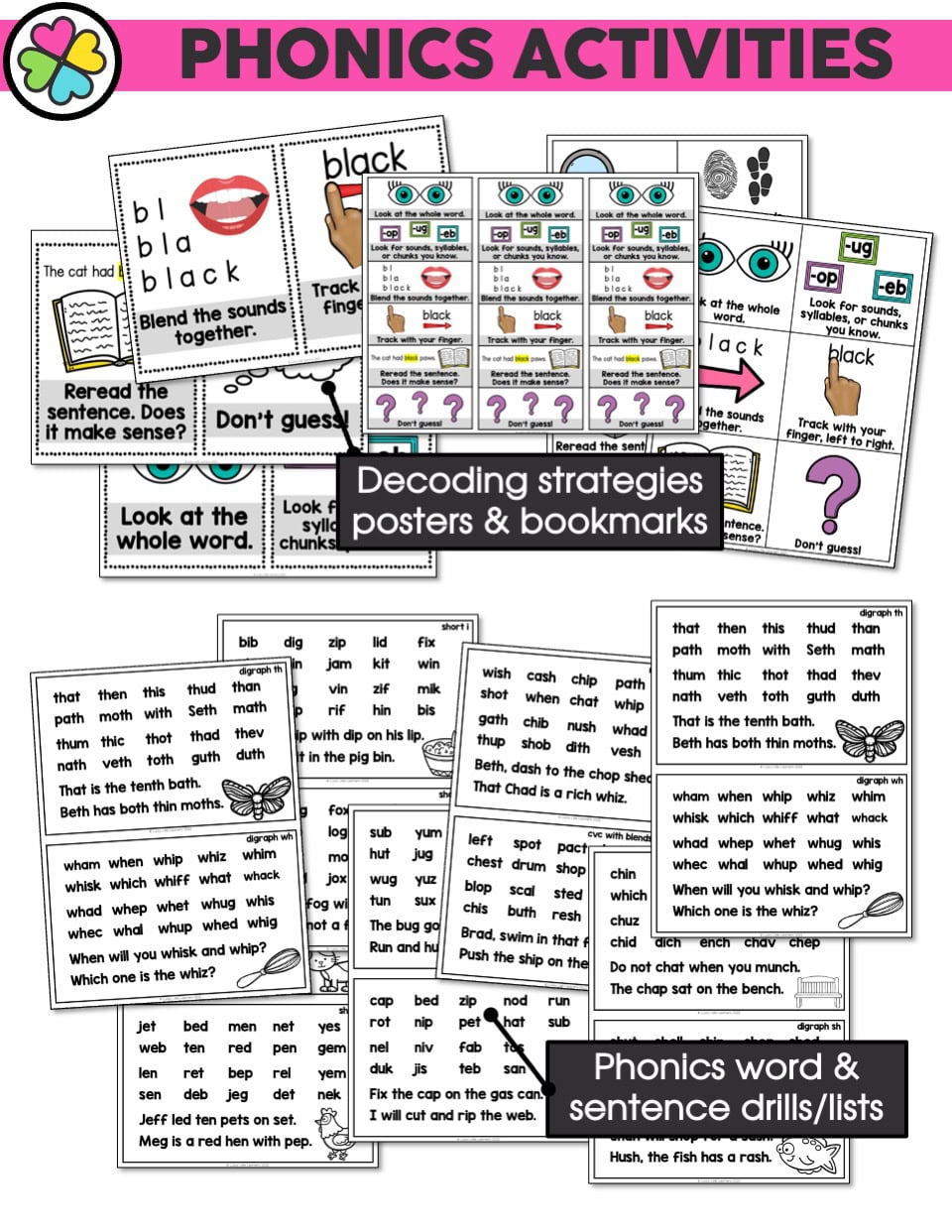 A detailed image of phonics activities including decoding strategies, posters, bookmarks, and word drills designed for literacy intervention and small group instruction.
