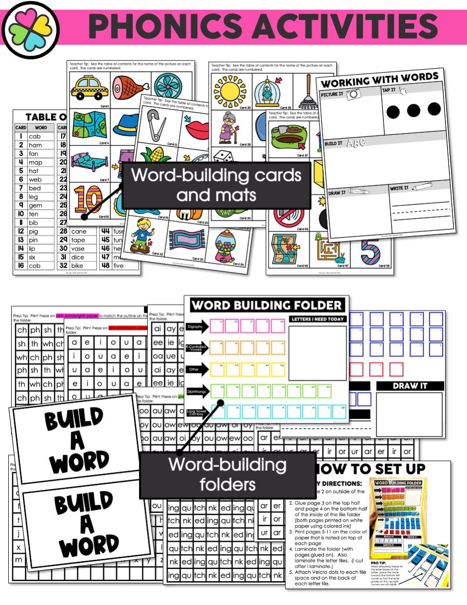 Enhance literacy skills with our phonics activities kit, featuring word-building cards, mats, and folders designed for small group intervention and engaging learning experiences.