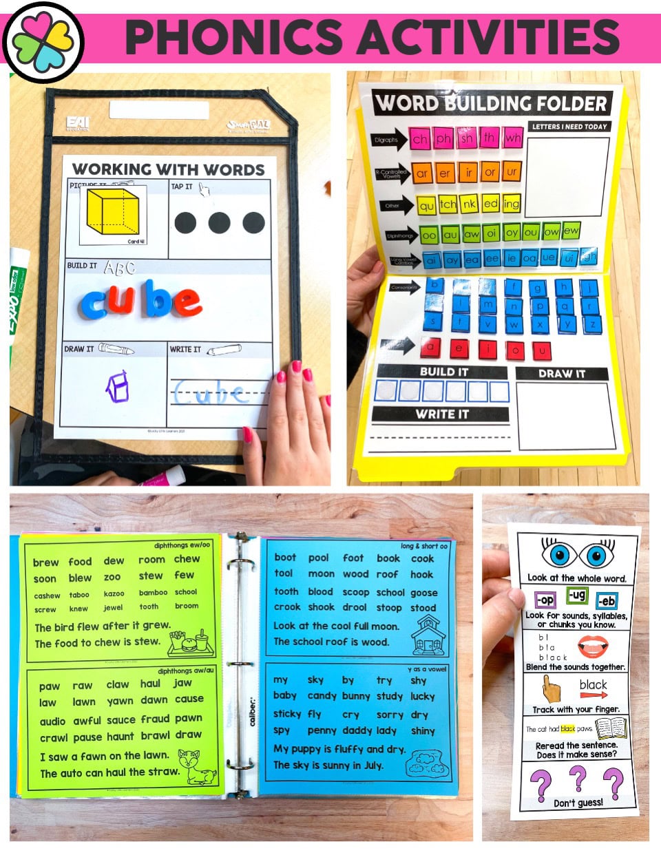 A colorful image showcasing phonics activities for literacy intervention, including word building folders, small group kits, and engaging worksheets to support early reading skills.